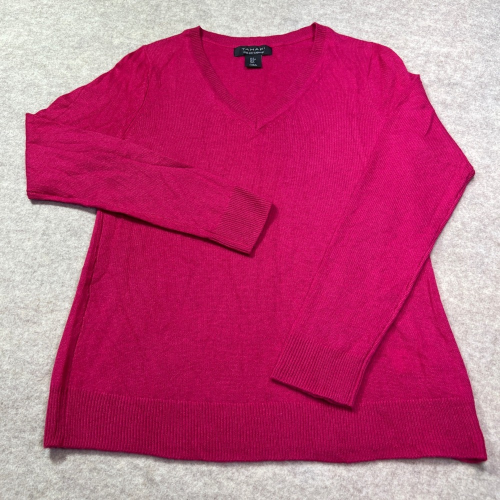 Tahari Womens 100% 2-Ply Cashmere V-Neck Sweater Pink Fuchsia Small Classic Fit